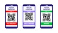 Collection of smartphones with coronavirus vaccine passport with QR code on the screen. Vector illustration on isolated