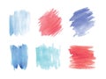 Collection of smears or blots hand painted with watercolor isolated on white background. Bundle of artistic paint traces