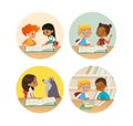 Collection of smiling children reading books and talking to each other at school library. Set of school kids discussing Royalty Free Stock Photo