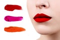 Collection of smudged lipsticks near perfect female lips.