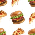 Appetizing seamless pizza and burger pattern. Fast food illustration.