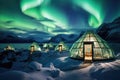 A collection of snow-covered glass houses standing together on a winter landscape, An igloo village under the Northern Lights, AI Royalty Free Stock Photo