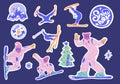 Collection of snowboarders and skier isolated sticker.Extreme winter mountain activity.Set of people wearing outfit riding snowboa