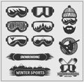 Collection of snowboarding labels, emblems, badges and design elements.