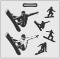 Collection of snowboarding labels, emblems, badges and silhouettes of snowboarders. Royalty Free Stock Photo