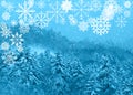 Snowflakes collection on blue snowy trees background