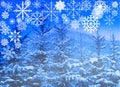 Snowflakes collection on blue snowy trees background