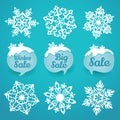 Collection of snowflakes and sale labels. Winter discount