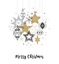 Collection of snowflakes, stars, Christmas decorations, hand drawn illustrations