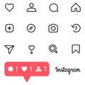 Collection of social media icons inspired by Instagram: likes, comments follows search, home, profile, camera, stories, direct