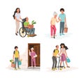 Collection social workers taking care about seniors people vector isometric illustration