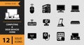 A collection of 12 solid black icons representing various computing and desk devices Royalty Free Stock Photo