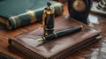 A collection of sophisticated writing tools including a monogrammed fountain pen luxurious inkwell and leatherbound Royalty Free Stock Photo