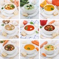 Collection of soups soup tomato vegetable noodle with baguette h