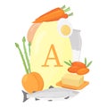 Collection of sources of vitamin A. Food containing retinol. Dairy products, fish, vegetables and eggs. Vitamin for the