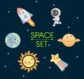 Collection of space objects with galaxy background, vector, characters