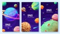 Collection space posters with 3d planets, comets and stars vector vertical background galaxy