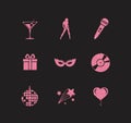 A collection of sparkling pink glitter stylized fancy night club and party icons for flier, banner, typography, web, design.