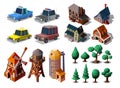 Collection of special farm buildings, houses in european style, cartoon cars,trees, landscape for cartoon 3d game