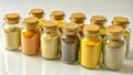 A collection of spice jars arranged neatly on a surface Royalty Free Stock Photo
