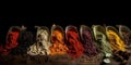 A collection of spices in different colors, in the style of a fames cape collage, dark orange and dark red and yellow and greed