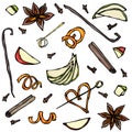 Collection of Spices and Fruit Slices. Anise, Cinnamon, Clove, Vanilla, Apple, Orange Peel. Hand Drawn Sketch Vector Illustration. Royalty Free Stock Photo