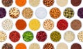 Collection of spices and herbs vegetables nuts background from a