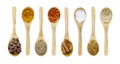 Collection spices on a wooden spoon.