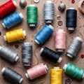 A bunch of spools of thread and buttons on a table (ai generated) Royalty Free Stock Photo
