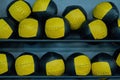 Collection of sport balls on shelves in gym