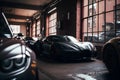 Collection of sport generic and unbranded cars in a garage, ai generative illustration