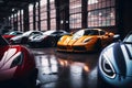Collection of sport generic and unbranded cars in a modern garage, ai generative illustration