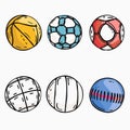 Collection sports balls illustration isolated white background. Handdrawn basketball, soccer ball Royalty Free Stock Photo