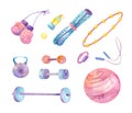 Collection of sports items. Clipart set with barbells, kettlebells, jump rope, hoop, fitball, dumbbells, boxing gloves. Royalty Free Stock Photo