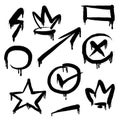 Collection of Spray painted graffiti check mark, crown, star, circle and rectangle. design element drip symbo