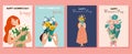 Collection of spring cards. International Women`s Day. Vector illustration with cute women and bouquet of flowers. Beautiful templ