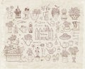 Collection of spring doodle sketch elements: flowers, gardener`s tool, bugs and butterflies on vintage background.