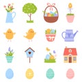 Collection of spring elements. Easter eggs, flowers, chickens, house. Flat cartoon style.