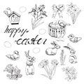 Collection of spring flowers, nesting box and little birds. Hand drawn monochrome sketch isolated on white background. Royalty Free Stock Photo