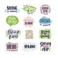 Collection of spring or springtime lettering handwritten with artistic calligraphic fonts and decorated by natural