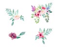 Collection spring Wedding romanric watercolor bouquet. Hand drawing watercolor blue pink and purple flowers ornament Royalty Free Stock Photo