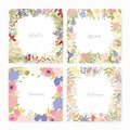 Collection of square card templates with various season names and frames made of beautiful wild blooming flowers Royalty Free Stock Photo