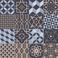 Collection of square ceramic tiles with various geometric and traditional oriental patterns. Set of decorative ornaments
