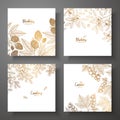 Collection of square gold cards with berries. Vector vintage frame with blackberry, bluberry, cranberry, currant. Great