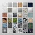 A collection of 30 square textures arranged in a grid on a plain background. Materials include Royalty Free Stock Photo
