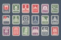 Collection of stamps from different countries with architectural landmarks, vector Illustrations, city stamps with Royalty Free Stock Photo