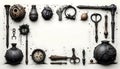 Collection of Steampunk Objects Arranged on a White Surface Creates Frame Royalty Free Stock Photo