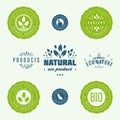 Collection of stickers and badges for natural products and eco food. Vector illustrations for ecology ingredients. Royalty Free Stock Photo