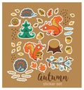Collection of stickers with cartoon characters and autumn elements Royalty Free Stock Photo