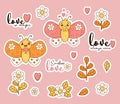 Collection stickers cute cartoon butterflies, flowers, plants and cool phrase about love, Isolated Vector illustrations Royalty Free Stock Photo